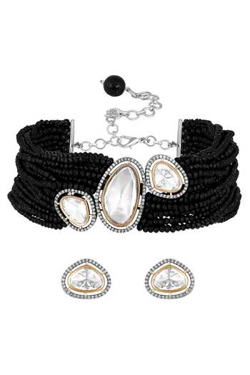 Shop_HRISHA_Gold Plated Crystals, Stones Kundan Polki Studded Choker Set _at_Aza_Fashions