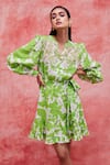Buy_Pankaj & Nidhi_Green Linen Printed Floral Mandarin Collar Cleo Tiered Dress _at_Aza_Fashions