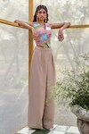 Pankaj & Nidhi_Beige Heavy Crepe Embroidered Geometric Wren Waistcoat And Trouser Set _at_Aza_Fashions