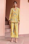 Buy_Rishi and Vibhuti_Yellow Crepe Floral Notched Lapel Pattern Blazer And Pant Power Suit Set _at_Aza_Fashions