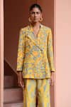 Rishi and Vibhuti_Yellow Crepe Floral Notched Lapel Pattern Blazer And Pant Power Suit Set _Online_at_Aza_Fashions