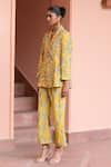 Buy_Rishi and Vibhuti_Yellow Crepe Floral Notched Lapel Pattern Blazer And Pant Power Suit Set _Online_at_Aza_Fashions