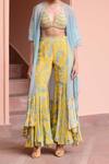 Buy_Rishi and Vibhuti_Blue Crepe, Georgette Embroidery V-neck Buttercup Cape And Swirl Print Sharara Set_Online_at_Aza_Fashions