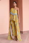 Buy_Rishi and Vibhuti_Yellow Crepe Print Floral Asymmetric Neck Maze Tunic With Pant _at_Aza_Fashions