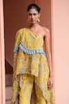 Rishi and Vibhuti_Yellow Crepe Print Floral Asymmetric Neck Maze Tunic With Pant _Online_at_Aza_Fashions