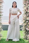 Buy_Sanjana Thakur_White 100% Bamberg Satin Embroidered Aari Round Neck Crop Top And Sharara Set _at_Aza_Fashions