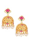 Shop_ZARIIN_Pink Pearls, Diamonds Gul Lotus Jhumkis _at_Aza_Fashions