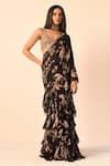 Buy_Arpita Mehta_Black Blouse Net Printed Floral V Neck Tiered Ruffle Saree With _at_Aza_Fashions