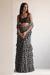 Buy_Arpita Mehta_Black Saree  Georgette Printed Butti U Neck Pre-draped Ruffle With Blouse _at_Aza_Fashions