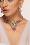 Shop_Swabhimann_Red Beads Goddess Lakshmi Carved Necklace Set _at_Aza_Fashions