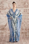 Buy_Rajdeep Ranawat_White Silk Printed Floral V Neck Imama Kaftan  _at_Aza_Fashions