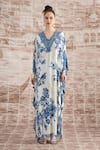 Rajdeep Ranawat_White Silk Beads V-neck Verusha Baroque Print Kaftan_Online_at_Aza_Fashions