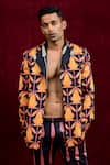 Shop_Gaurav Katta_Orange Moda Silk Hand Paint Lotus Blazer _Online_at_Aza_Fashions