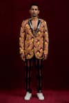 Buy_Gaurav Katta_Yellow Moda Silk Hand Paint Carnations Lapel Collar Blazer _Online_at_Aza_Fashions