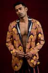 Gaurav Katta_Yellow Moda Silk Hand Paint Carnations Lapel Collar Blazer _at_Aza_Fashions