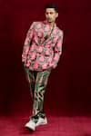 Shop_Gaurav Katta_Pink Moda Silk Hand Paint Lotus Full Sleeve Blazer _Online_at_Aza_Fashions