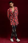 Shop_Gaurav Katta_Red Moda Silk Hand Paint Lotus Contrast Blazer _Online_at_Aza_Fashions