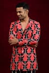 Gaurav Katta_Red Moda Silk Hand Paint Lotus Contrast Blazer _at_Aza_Fashions