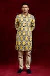 Buy_Gaurav Katta_Yellow Moda Silk Hand Paint Lotus Contrast Shirt Kurta_at_Aza_Fashions