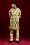 Shop_Gaurav Katta_Yellow Moda Silk Hand Paint Lotus Contrast Shirt Kurta_Online_at_Aza_Fashions