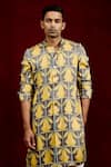 Gaurav Katta_Yellow Moda Silk Hand Paint Lotus Contrast Shirt Kurta_at_Aza_Fashions