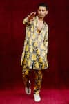 Gaurav Katta_Yellow Moda Silk Hand Paint Lotus Trouser _Online_at_Aza_Fashions