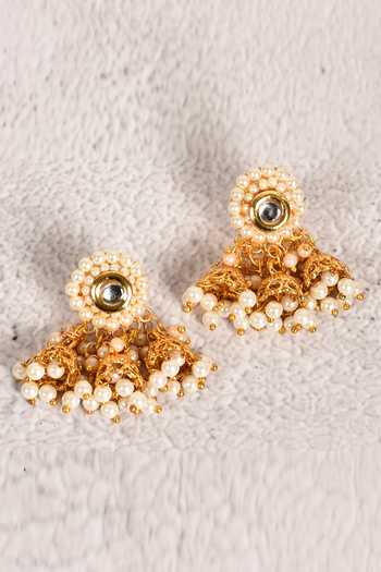 Shop_Just Shradhas_Gold Plated Kundan Embellished Jhumkis _at_Aza_Fashions
