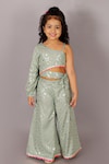 Buy_LIL DRAMA_Green Viscose Foil Printed Floral Cut Out Crop Top With Palazzo_at_Aza_Fashions