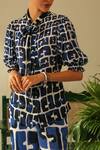 Label Deepika Nagpal_Blue Cotton Turtle Neck Casey Printed Puff Sleeve Shirt And Pant Set_at_Aza_Fashions