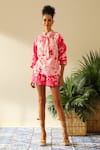 Label Deepika Nagpal Pink Silk, Cotton High Neck Olivia Floral Print Shirt And Shorts Set Online at Aza Fashions Label Deepika Nagpal_Pink Silk, Cotton High Neck Olivia Floral Print Shirt And Shorts Set_Online_at_Aza_Fashions