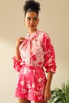 Shop Label Deepika Nagpal Pink Silk, Cotton High Neck Olivia Floral Print Shirt And Shorts Set Online at Aza Fashions Shop_Label Deepika Nagpal_Pink Silk, Cotton High Neck Olivia Floral Print Shirt And Shorts Set_Online_at_Aza_Fashions