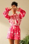 Label Deepika Nagpal Pink Silk, Cotton High Neck Olivia Floral Print Shirt And Shorts Set at Aza Fashions Label Deepika Nagpal_Pink Silk, Cotton High Neck Olivia Floral Print Shirt And Shorts Set_at_Aza_Fashions