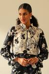 Label Deepika Nagpal_Black Silk Cotton Printed Floral High Neck Collar Inaya Shirt _Online_at_Aza_Fashions