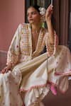Gopi Vaid_Ivory Organic Cotton Embroidery Thread V Neck Heer Jacket Kurta With Skirt