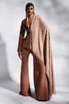 Shop_Mala and Kinnary_Brown Crepe Hand Embroidered Thread Mantle Cape Blazer And Pant Set _at_Aza_Fashions