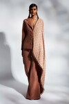 Mala and Kinnary_Brown Crepe Hand Embroidered Thread Mantle Cape Blazer And Pant Set _Online_at_Aza_Fashions