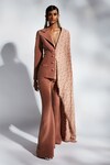 Buy_Mala and Kinnary_Brown Crepe Hand Embroidered Thread Mantle Cape Blazer And Pant Set _Online_at_Aza_Fashions