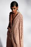 Shop_Mala and Kinnary_Brown Crepe Hand Embroidered Thread Mantle Cape Blazer And Pant Set _Online_at_Aza_Fashions