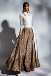 Mala and Kinnary_Beige Taffeta Embroidered Thread Ann Box Pleated Lehenga Skirt _Online_at_Aza_Fashions