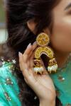 Buy_Kanyaadhan By Dhirajaayushi_Yellow Beads Hand Embroidered Crescent Dangler Earrings _at_Aza_Fashions