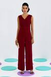 Pleats by Aruni_Maroon Crepe Solid V Neck Hand Pleated Jumpsuit _Online_at_Aza_Fashions