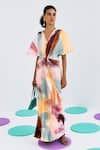 Buy_Pleats By Aruni_Multi Color Crepe, Satin V-neck Pleated Abstract Print Gown _at_Aza_Fashions