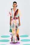 Pleats By Aruni_Multi Color Crepe, Satin V-neck Pleated Abstract Print Gown _Online_at_Aza_Fashions