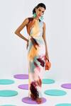 Buy_Pleats By Aruni_Multi Color Crepe, Satin Round Neck Abstract Print Pleated Dress_at_Aza_Fashions