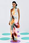 Pleats By Aruni_Multi Color Crepe, Satin Round Neck Abstract Print Pleated Dress_Online_at_Aza_Fashions