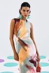 Buy_Pleats By Aruni_Multi Color Crepe, Satin Round Neck Abstract Print Pleated Dress_Online_at_Aza_Fashions