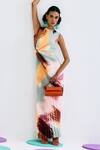Pleats By Aruni_Multi Color Crepe, Satin Round Neck Abstract Print Pleated Dress_at_Aza_Fashions