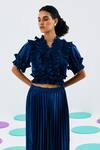Buy_Pleats by Aruni_Blue Crepe Satin V Neck Frilled Pleated Top _at_Aza_Fashions