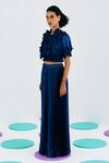 Buy_Pleats by Aruni_Blue Crepe Satin V Neck Frilled Pleated Top _Online_at_Aza_Fashions