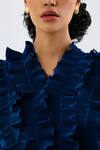 Pleats by Aruni_Blue Crepe Satin V Neck Frilled Pleated Top _at_Aza_Fashions